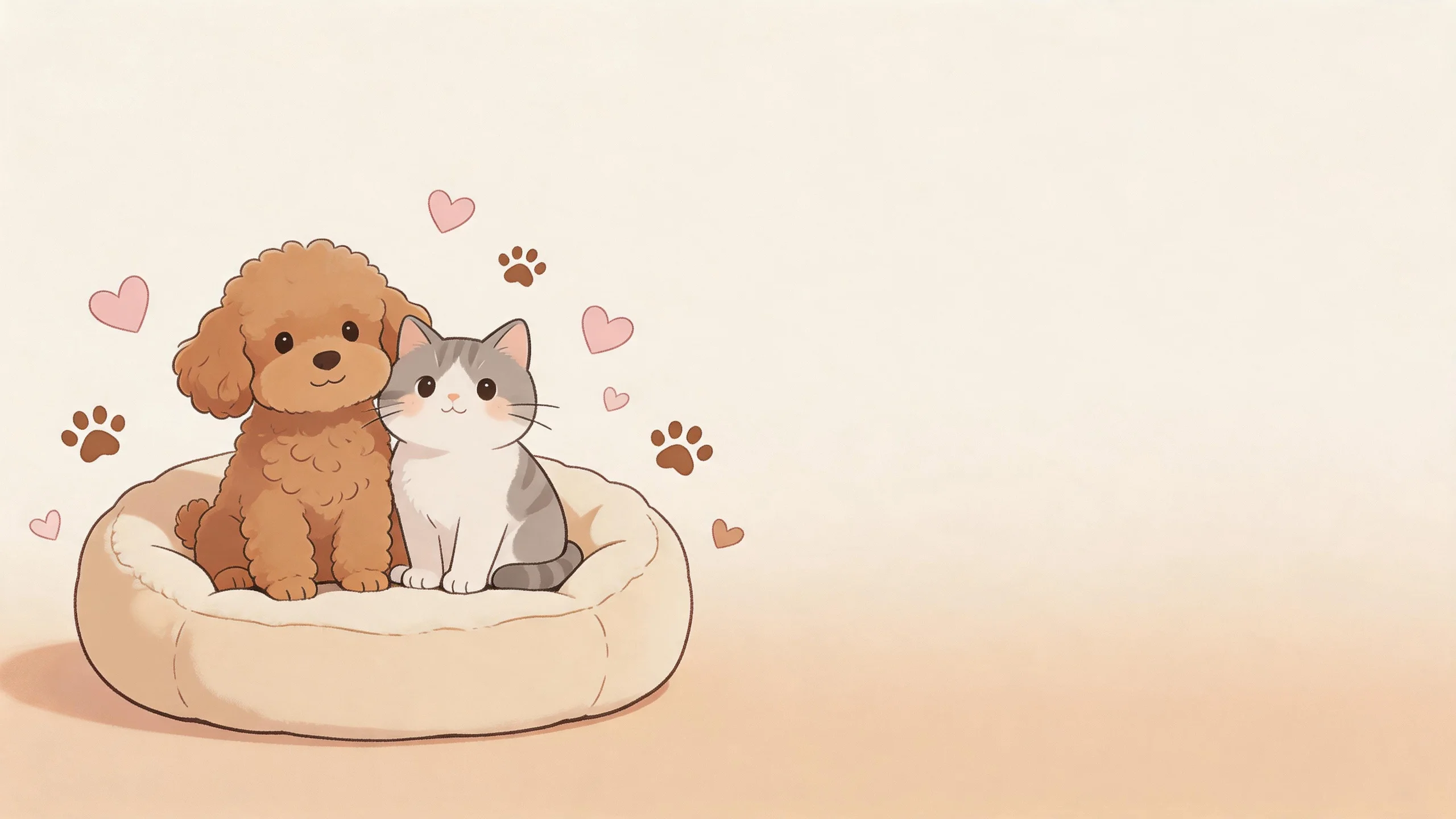A cream Poodle and a gray-and-white cat resting in a round Pet Pouchy pet bed — boutique pet supplies for the modern family