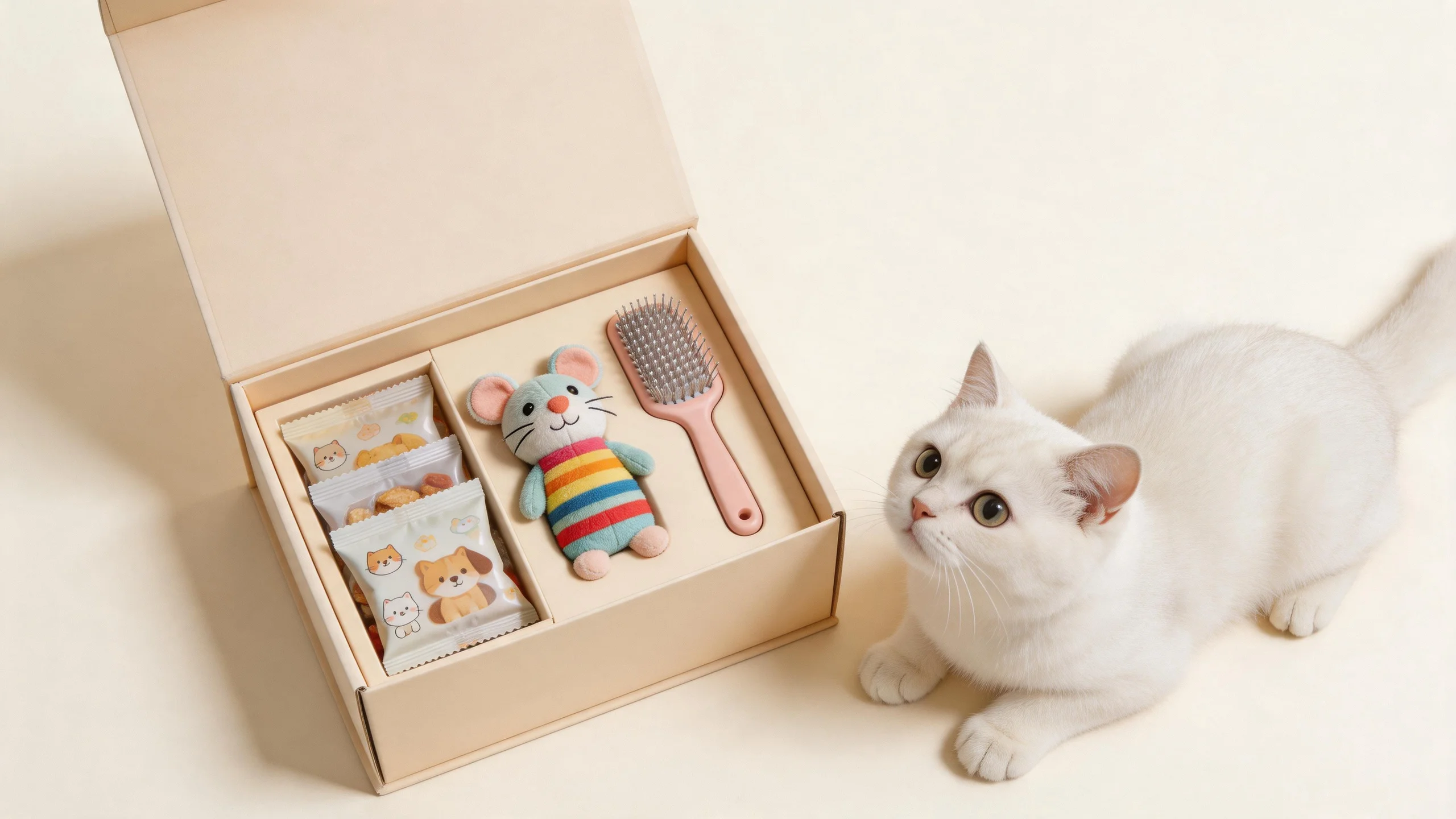 A Pet Pouchy gift box opened — treats, toys, and grooming brush arranged with a curious kitten