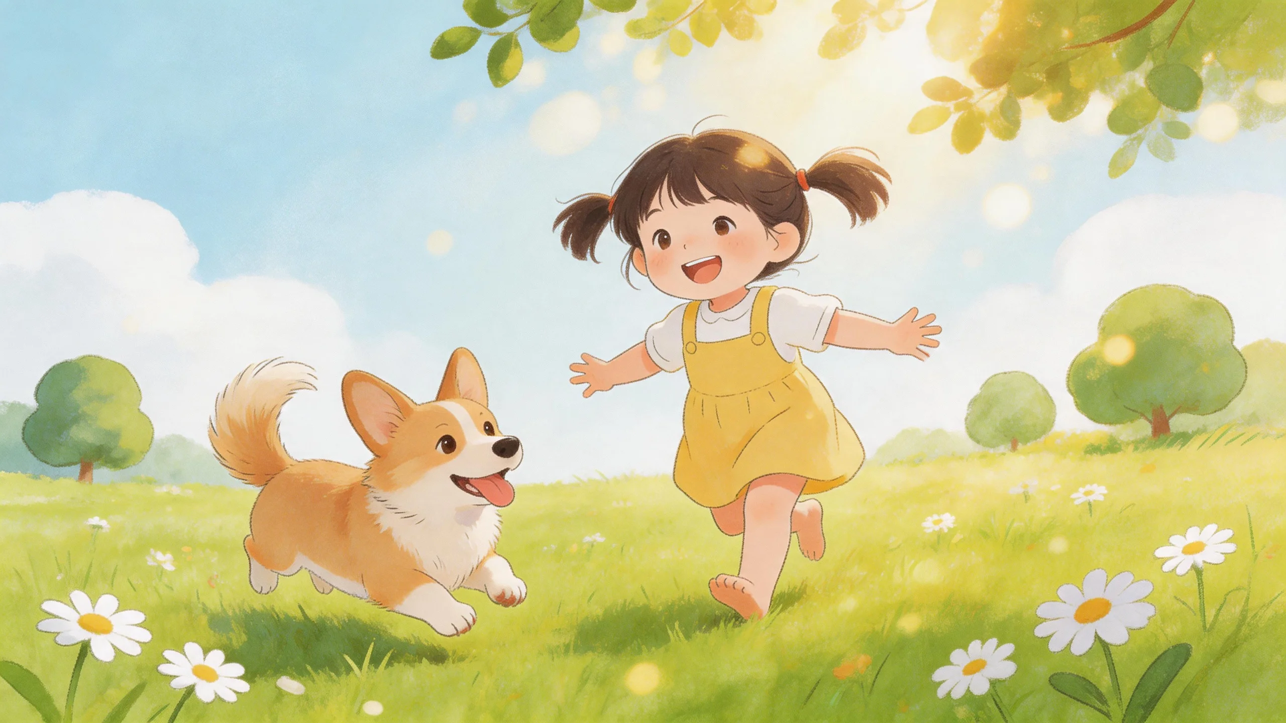 A child playing with a pet dog on a sunny lawn — supporting families and shelters through Pet Pouchy's giving program