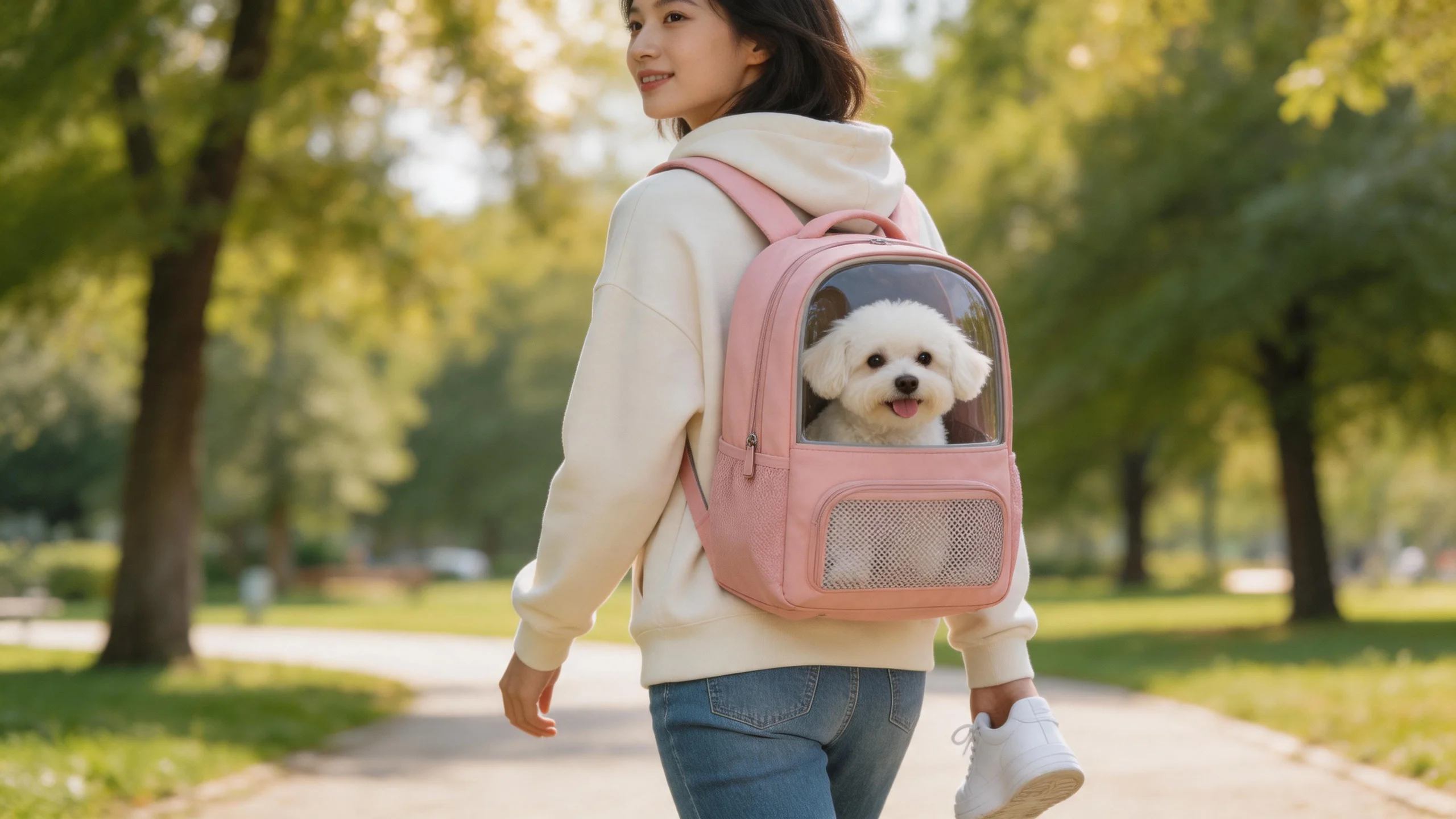 Pink Pet Pouchy travel pet backpack with a small dog peeking out — bestselling pet carrier