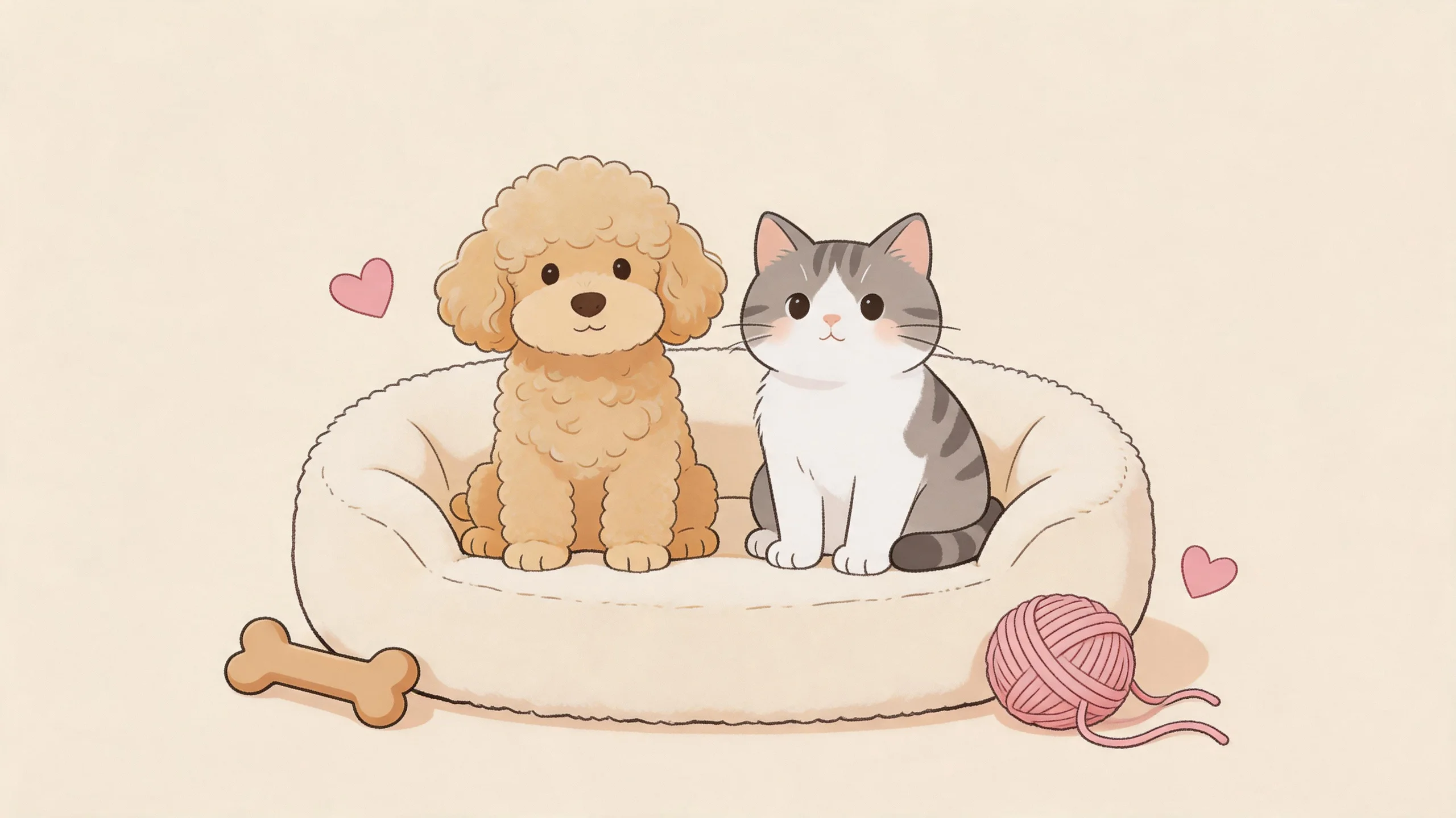 A cream poodle and a gray-and-white cat resting together in a Pet Pouchy round memory-foam pet bed — boutique hand-finished pet supplies